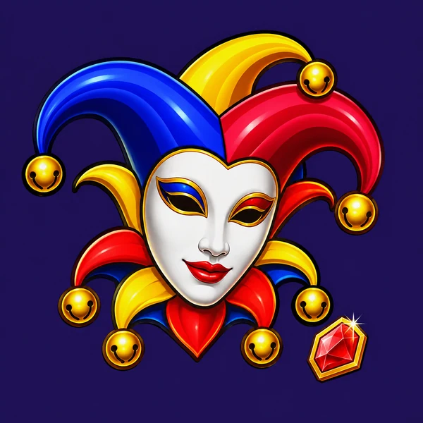 Ilustración de la familia Joker’s Jewels, máscara blanca y gorro de tres colores